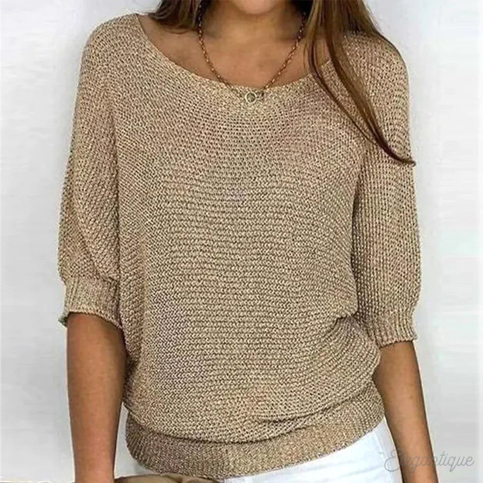 Annelie | Damski sweter z dekoltem w V i krótszymi rękawami, lekki sweter z dzianiny | Erwnn | Beżowy