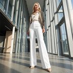 Antonina | Damskie szerokie spodnie z wysokim stanem, eleganckie dopasowane spodnie | Erwnn | Biały