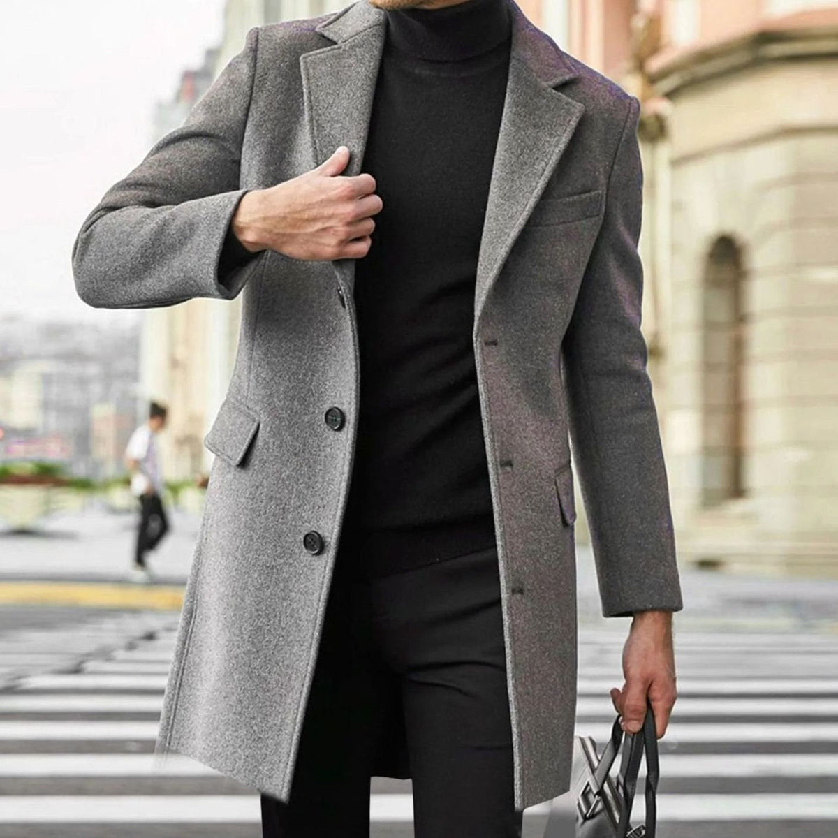 August | Męski dopasowany płaszcz z wełny z domieszką, jednorzędowe zapięcie, elegancki płaszcz zimowy | Erwnn | Czarny