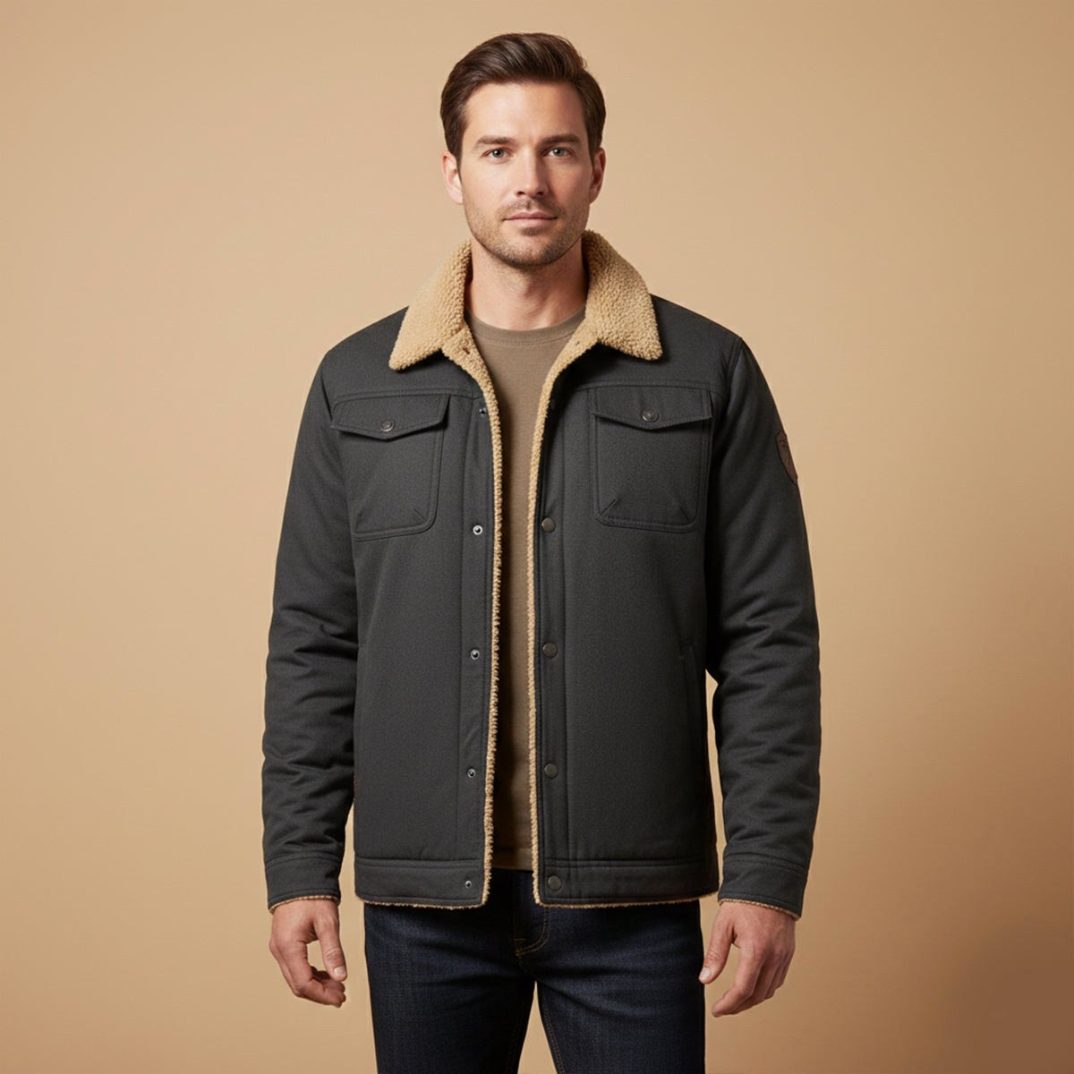 Beckett | Męski płaszcz, z polarową podszewką, ciepły model | Erwnn | Khaki
