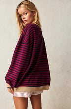 Darcy | Damski pasiasty sweter o luźnym kroju, swobodnie skrojony sweter z dzianiny | Erwnn | Niebieski