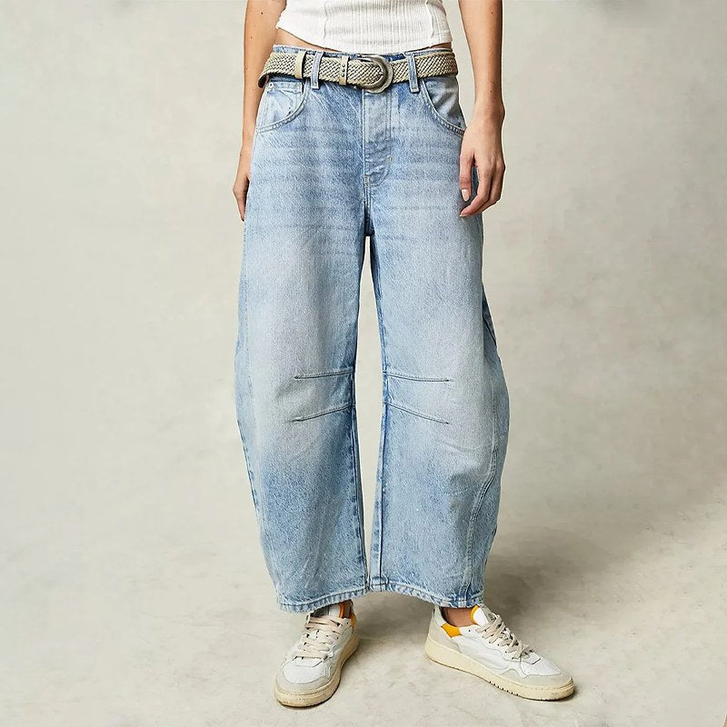 Freya | Damskie luźne jeansy typu barrel, jeansy z wysokim stanem | Erwnn | Jasnoniebieski