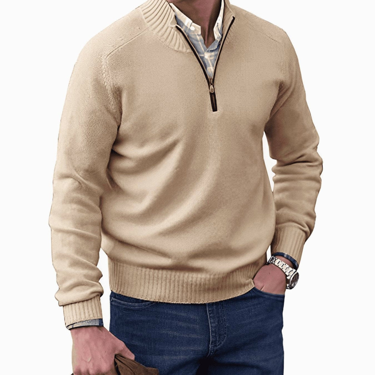 Gustav | Męski sweter z dzianiny z zamkiem i stójką, sweter z długim rękawem | Erwnn | Brązowy