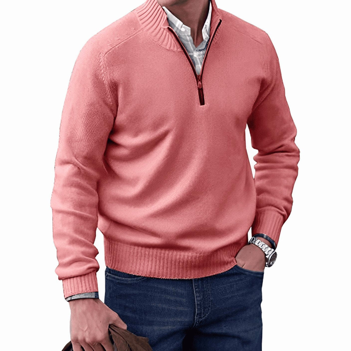 Gustav | Męski sweter z dzianiny z zamkiem i stójką, sweter z długim rękawem | Erwnn | Czarny