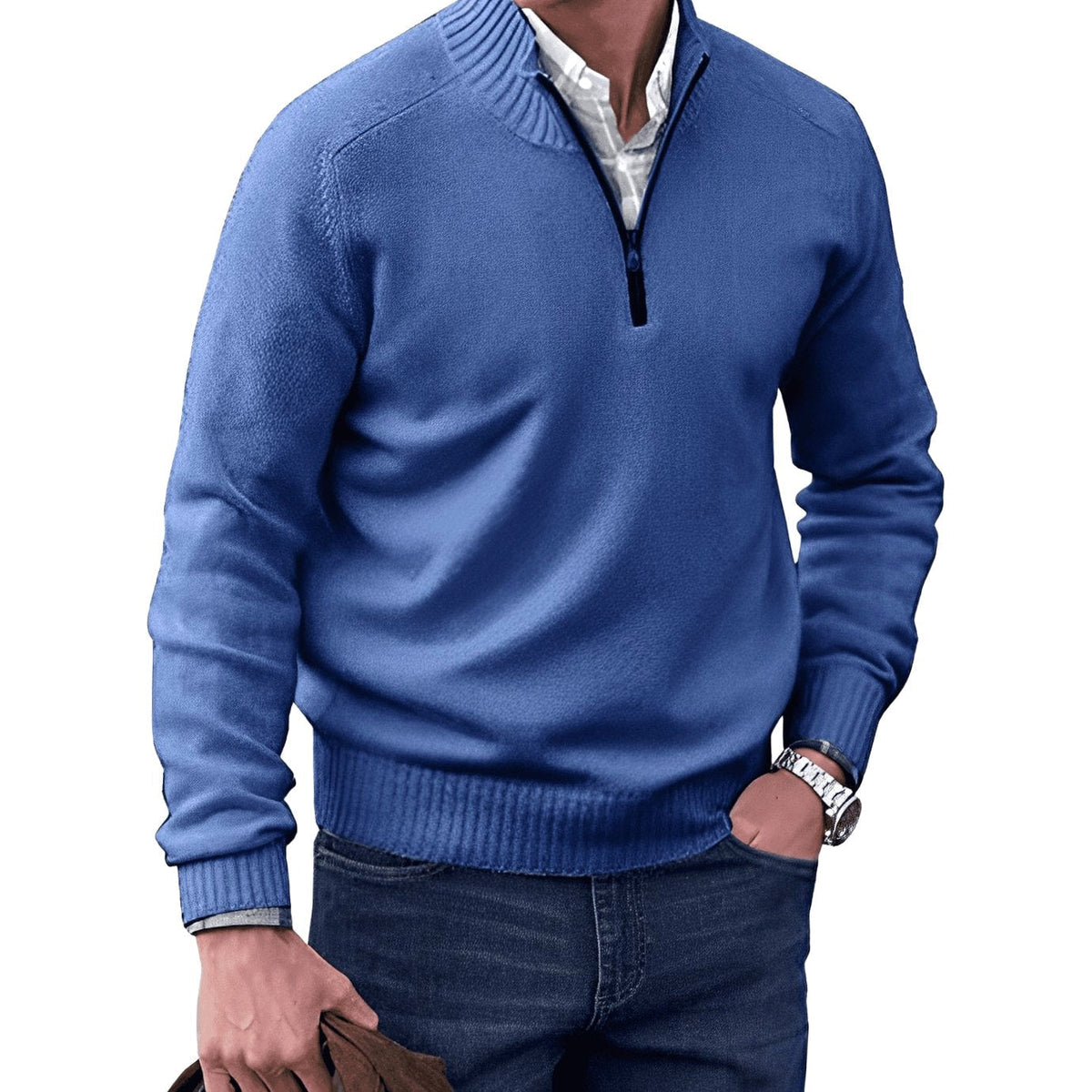 Gustav | Męski sweter z dzianiny z zamkiem i stójką, sweter z długim rękawem | Erwnn | Brązowy