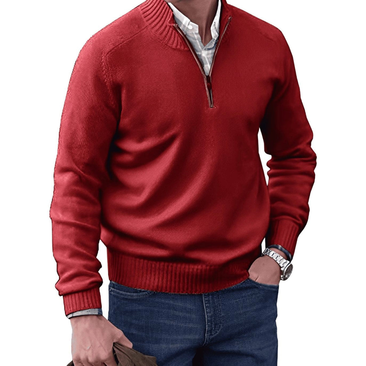 Gustav | Męski sweter z dzianiny z zamkiem i stójką, sweter z długim rękawem | Erwnn | Czarny