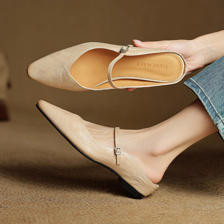 Holly | Damskie skórzane mule Mary Jane, wygodne buty ze szpiczastym noskiem | Erwnn | Beżowy