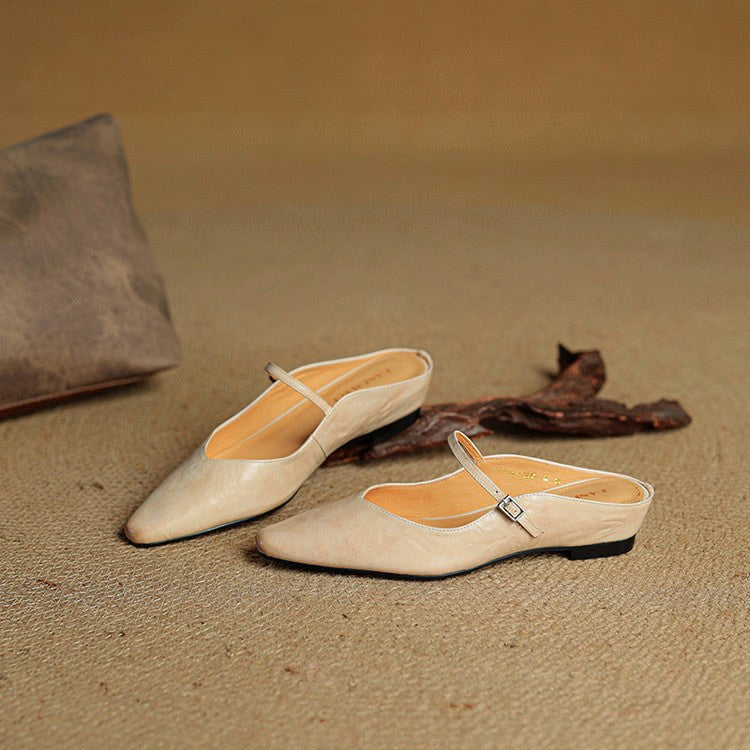 Holly | Damskie skórzane mule Mary Jane, wygodne buty ze szpiczastym noskiem | Erwnn | Beżowy