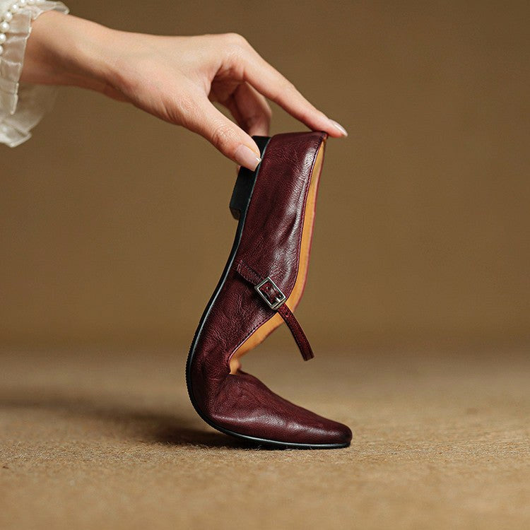 Holly | Damskie skórzane mule Mary Jane, wygodne buty ze szpiczastym noskiem | Erwnn | Bordowy