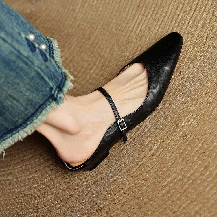 Holly | Damskie skórzane mule Mary Jane, wygodne buty ze szpiczastym noskiem | Erwnn | Czarny