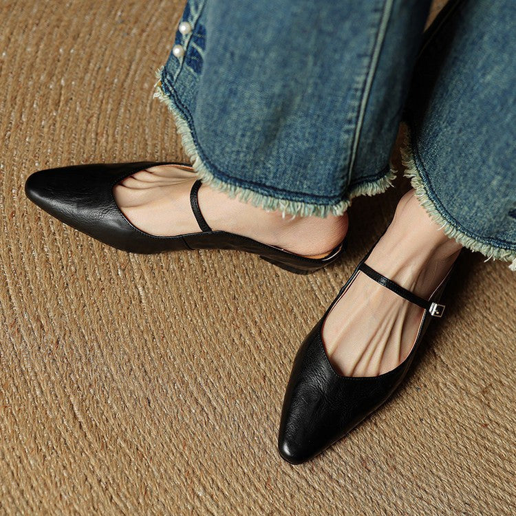Holly | Damskie skórzane mule Mary Jane, wygodne buty ze szpiczastym noskiem | Erwnn | Czarny