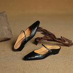 Holly | Damskie skórzane mule Mary Jane, wygodne buty ze szpiczastym noskiem | Erwnn | Czarny
