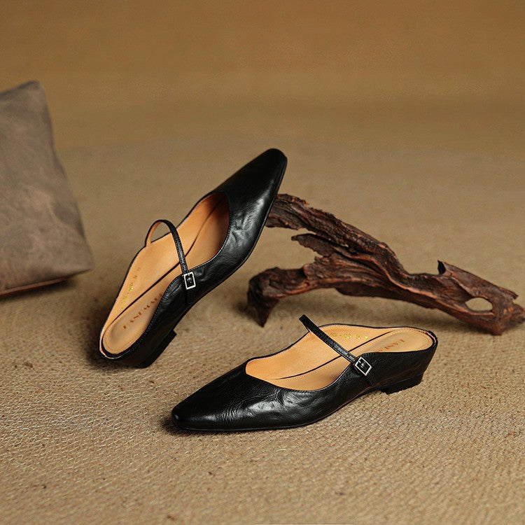 Holly | Damskie skórzane mule Mary Jane, wygodne buty ze szpiczastym noskiem | Erwnn | Czarny