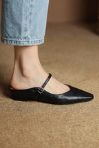 Holly | Damskie skórzane mule Mary Jane, wygodne buty ze szpiczastym noskiem | Erwnn | Czarny