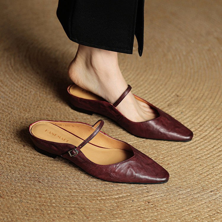 Holly | Damskie skórzane mule Mary Jane, wygodne buty ze szpiczastym noskiem | Erwnn | Beżowy