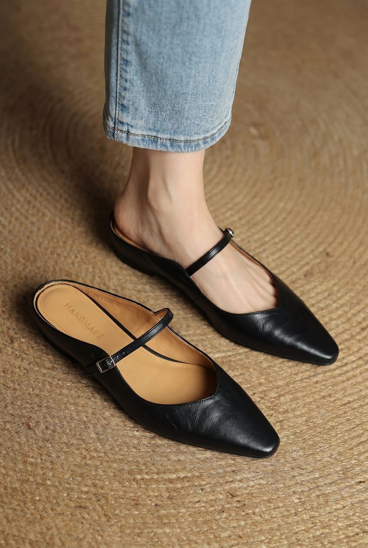Holly | Damskie skórzane mule Mary Jane, wygodne buty ze szpiczastym noskiem | Erwnn | Beżowy