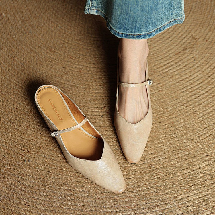 Holly | Damskie skórzane mule Mary Jane, wygodne buty ze szpiczastym noskiem | Erwnn | Beżowy