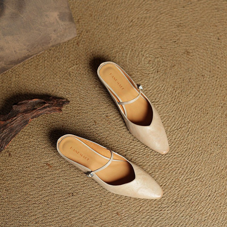 Holly | Damskie skórzane mule Mary Jane, wygodne buty ze szpiczastym noskiem | Erwnn | Beżowy