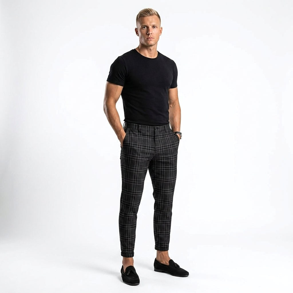 Marek | Męskie spodnie w kratę windowpane, eleganckie spodnie biznesowe | Erwnn