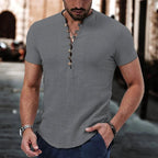 August | Męska koszulka z dekoltem zapinanym na guziki z lnu, codzienny model z krótkim rękawem | Erwnn