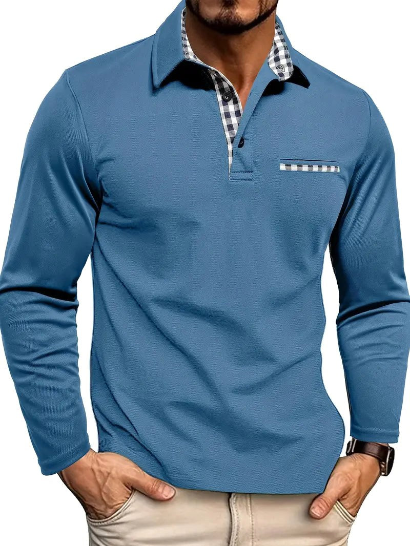 Oliver | Męska koszulka polo z długim rękawem i kraciastym kołnierzykiem, elegancka koszulka polo | Erwnn | Szary