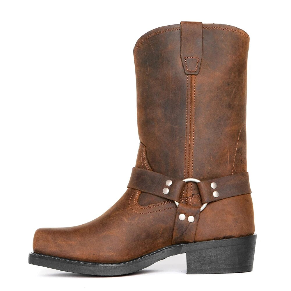 Oswin | Męskie kozaki kowbojskie za łydkę, buty kowbojskie w stylu harness | Erwnn | Brązowy