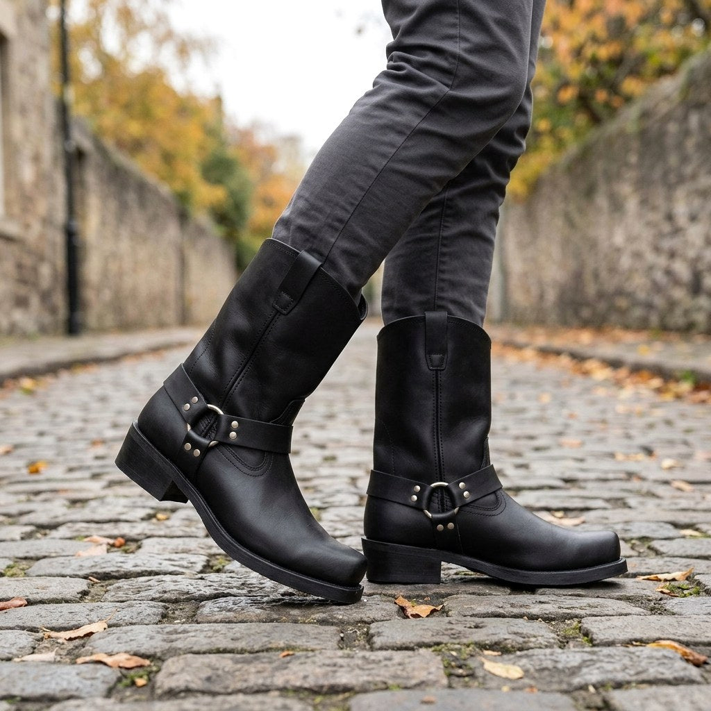 Oswin | Męskie kozaki kowbojskie za łydkę, buty kowbojskie w stylu harness | Erwnn | Czarny