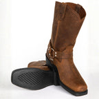 Oswin | Męskie kozaki kowbojskie za łydkę, buty kowbojskie w stylu harness | Erwnn | Brązowy