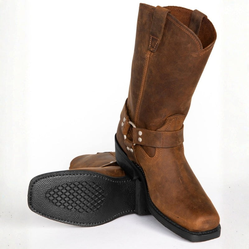 Oswin | Męskie kozaki kowbojskie za łydkę, buty kowbojskie w stylu harness | Erwnn | Brązowy