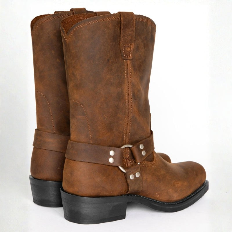 Oswin | Męskie kozaki kowbojskie za łydkę, buty kowbojskie w stylu harness | Erwnn | Brązowy