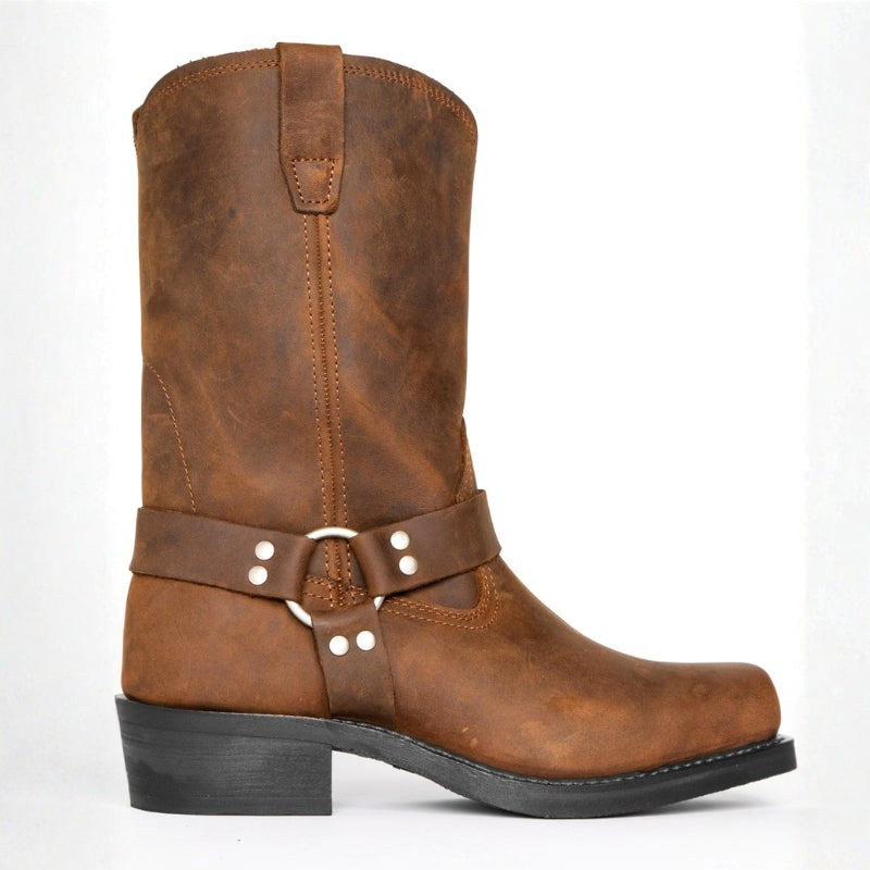 Oswin | Męskie kozaki kowbojskie za łydkę, buty kowbojskie w stylu harness | Erwnn | Brązowy