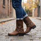 Oswin | Męskie kozaki kowbojskie za łydkę, buty kowbojskie w stylu harness | Erwnn | Brązowy