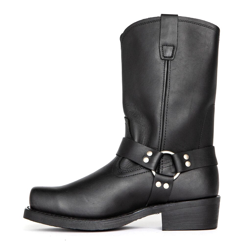 Oswin | Męskie kozaki kowbojskie za łydkę, buty kowbojskie w stylu harness | Erwnn | Brązowy