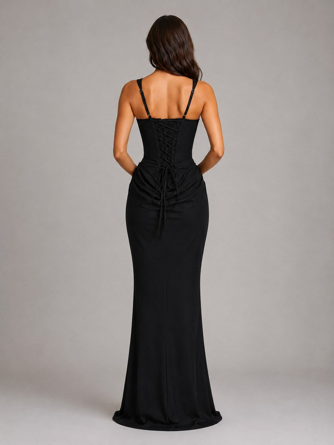 Penelope | Damska sukienka maxi bodycon z drapowanym gorsetem, wieczorowa sukienka o wymodelowanej sylwetce | Erwnn | Czarny