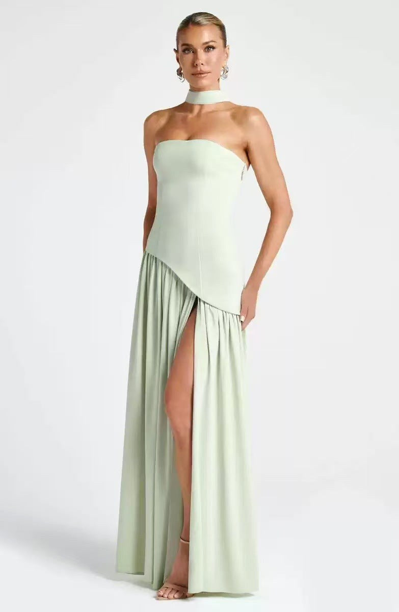 Sabine | Damska bezramiączkowa sukienka maxi z rozcięciem, formalna sukienka dla gości weselnych | Erwnn | Żółty