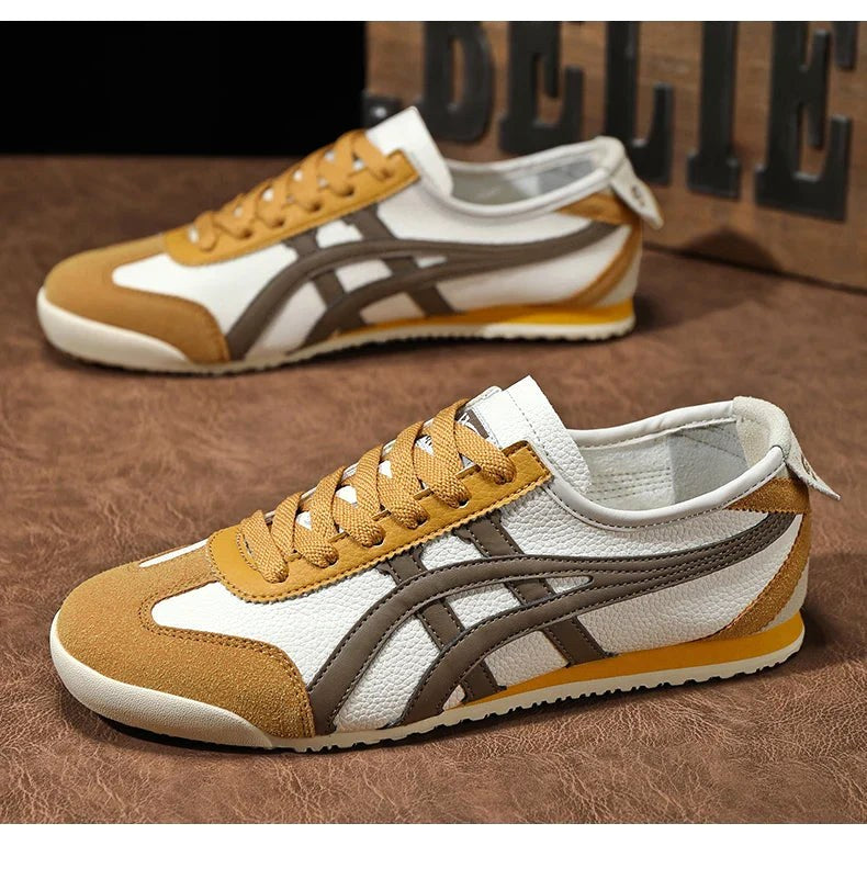 Sebastian | Męskie buty sportowe w stylu retro z kontrastowymi paskami i akcentami z zamszu, buty sportowe retro | Erwnn | Żółty