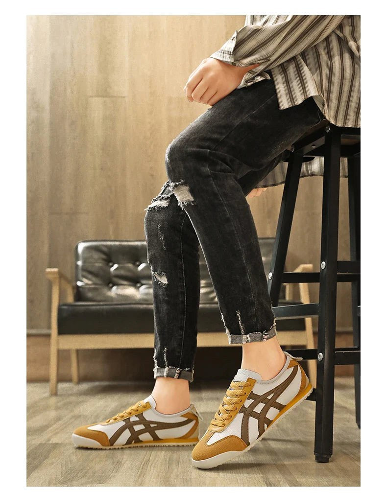 Sebastian | Męskie buty sportowe w stylu retro z kontrastowymi paskami i akcentami z zamszu, buty sportowe retro | Erwnn | Żółty
