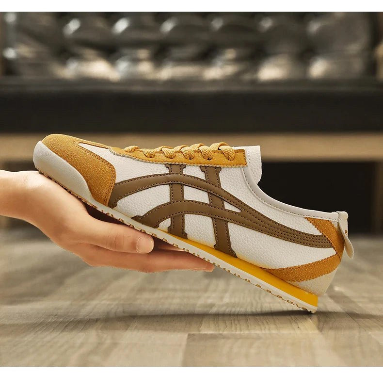 Sebastian | Męskie buty sportowe w stylu retro z kontrastowymi paskami i akcentami z zamszu, buty sportowe retro | Erwnn | Żółty