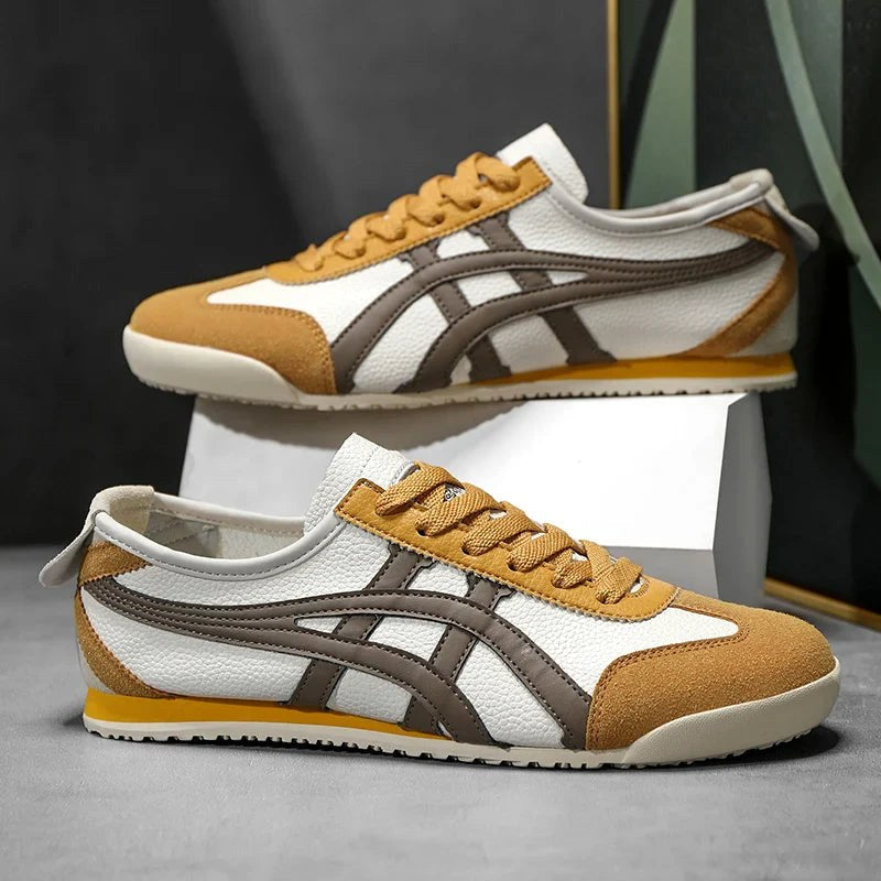 Sebastian | Męskie buty sportowe w stylu retro z kontrastowymi paskami i akcentami z zamszu, buty sportowe retro | Erwnn | Żółty