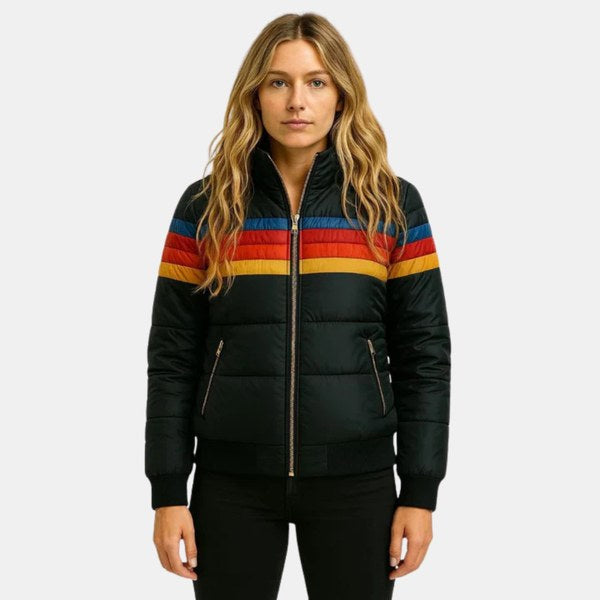 Veronique | Damska pikowana kurtka retro z kapturem, pasiasty, ocieplany płaszcz jesienny | Erwnn | Granatowy