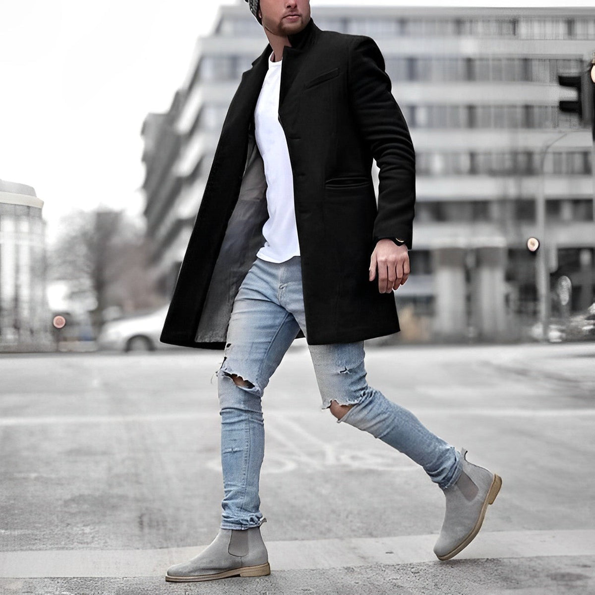 Zachary | Męski wąsko skrojony płaszcz, jednorzędowy taliowany płaszcz | Erwnn | Szary